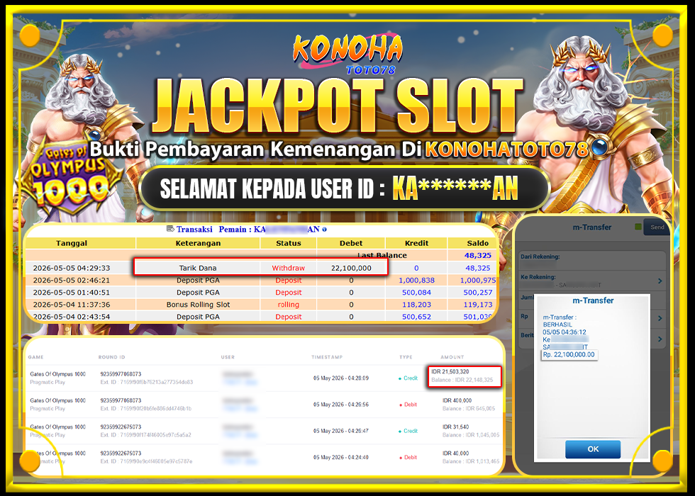 KONOHATOTO78 JACKPOT GATES OF OLYMPUS 1000Rp.22.100.000LUNAS